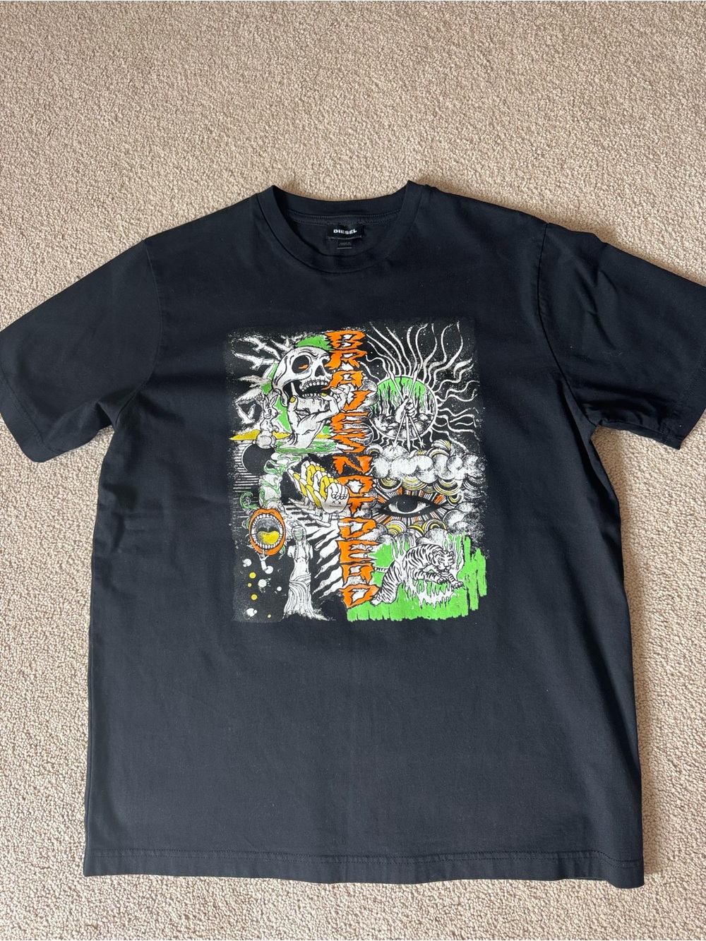 Diesel Black Tee with Neon Green & Orange Graphic MEDIUM.
